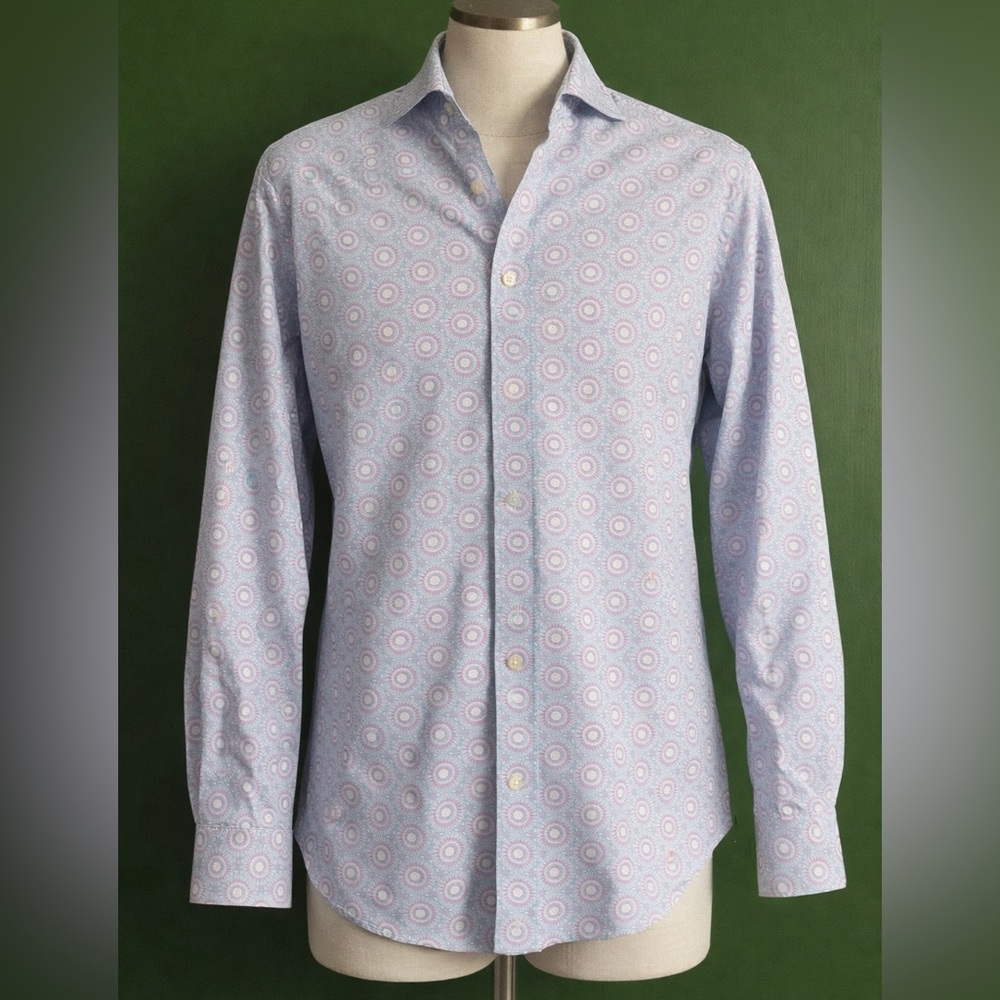 Tailorbyrd White and Pink Geometric Button-Down Shirt